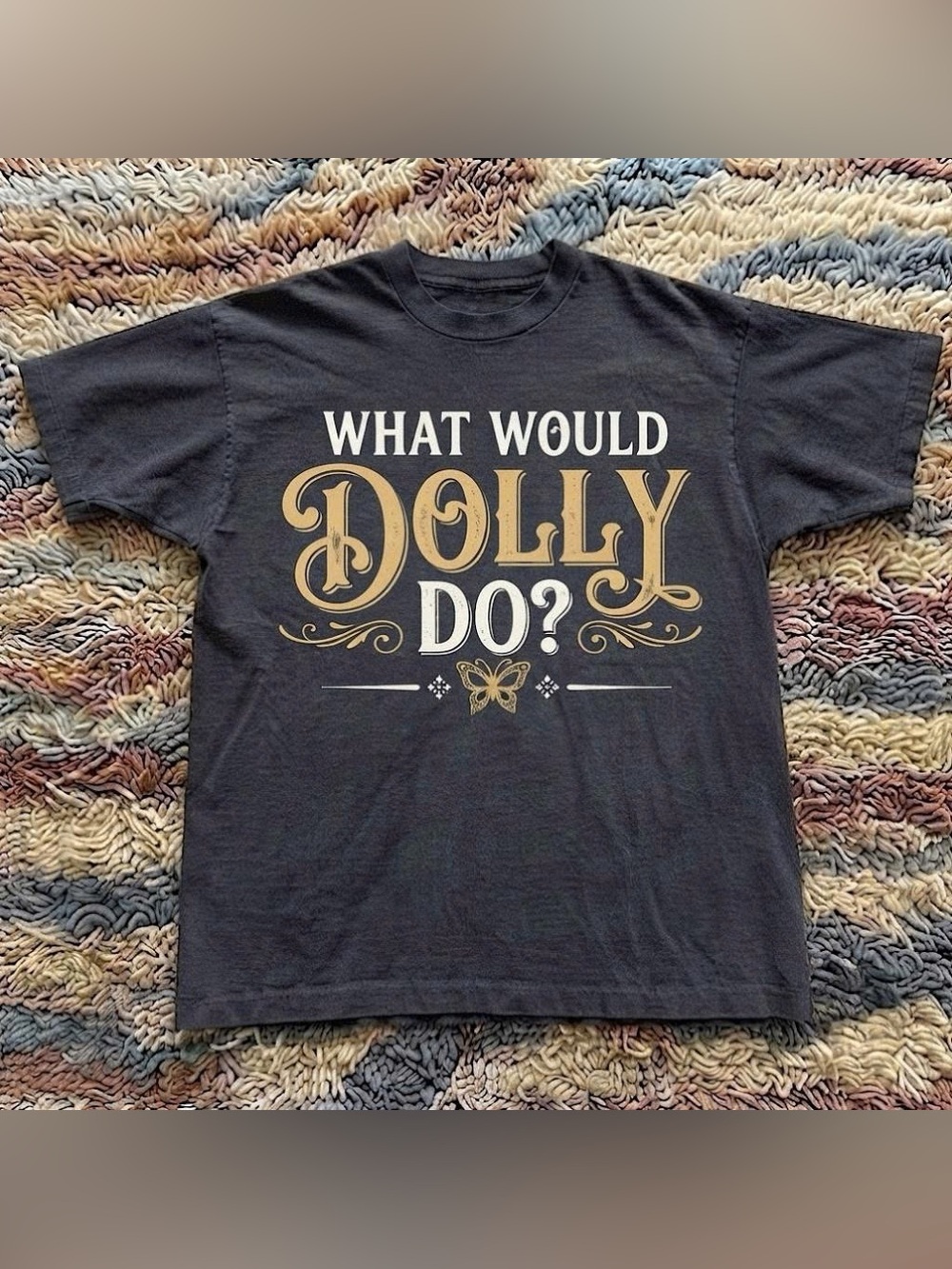 Black Dolly Parton Graphic Tee with Gold & White "What Would Dolly Do?"